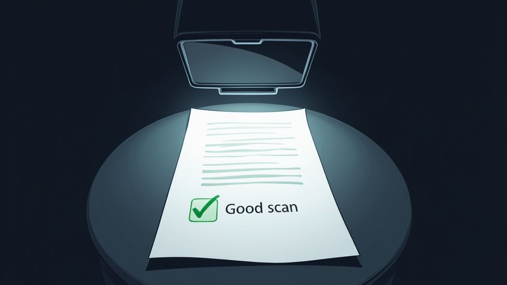 A document scanner shines light on a paper, showing a 'Good scan' with a green checkmark.
