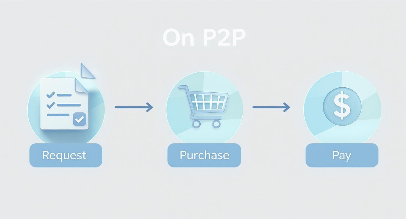 A diagram illustrating the P2P (Procure-to-Pay) process with three steps: Request, Purchase, and Pay.