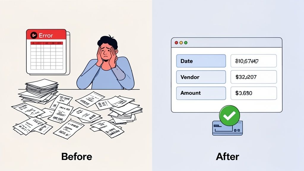 Before and after: Stressful manual receipt processing versus efficient, automated digital data entry with OCR.