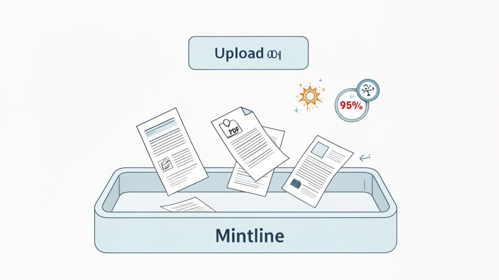 Digital illustration showing paper documents, one with a PDF icon, being uploaded into a container named Mintline.