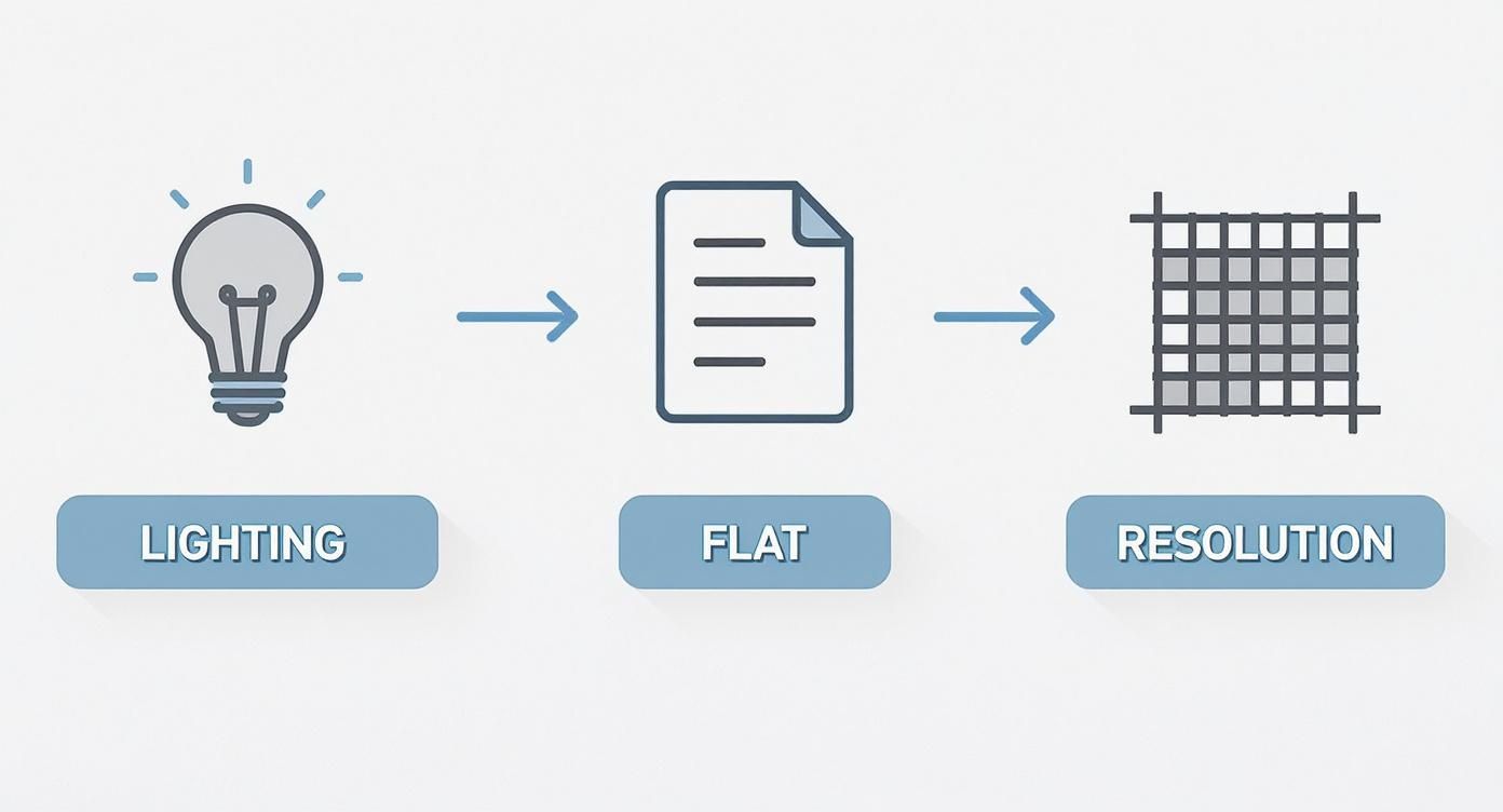 A three-step diagram illustrating image properties: lighting (lightbulb), flat representation (document), and resolution (grid).
