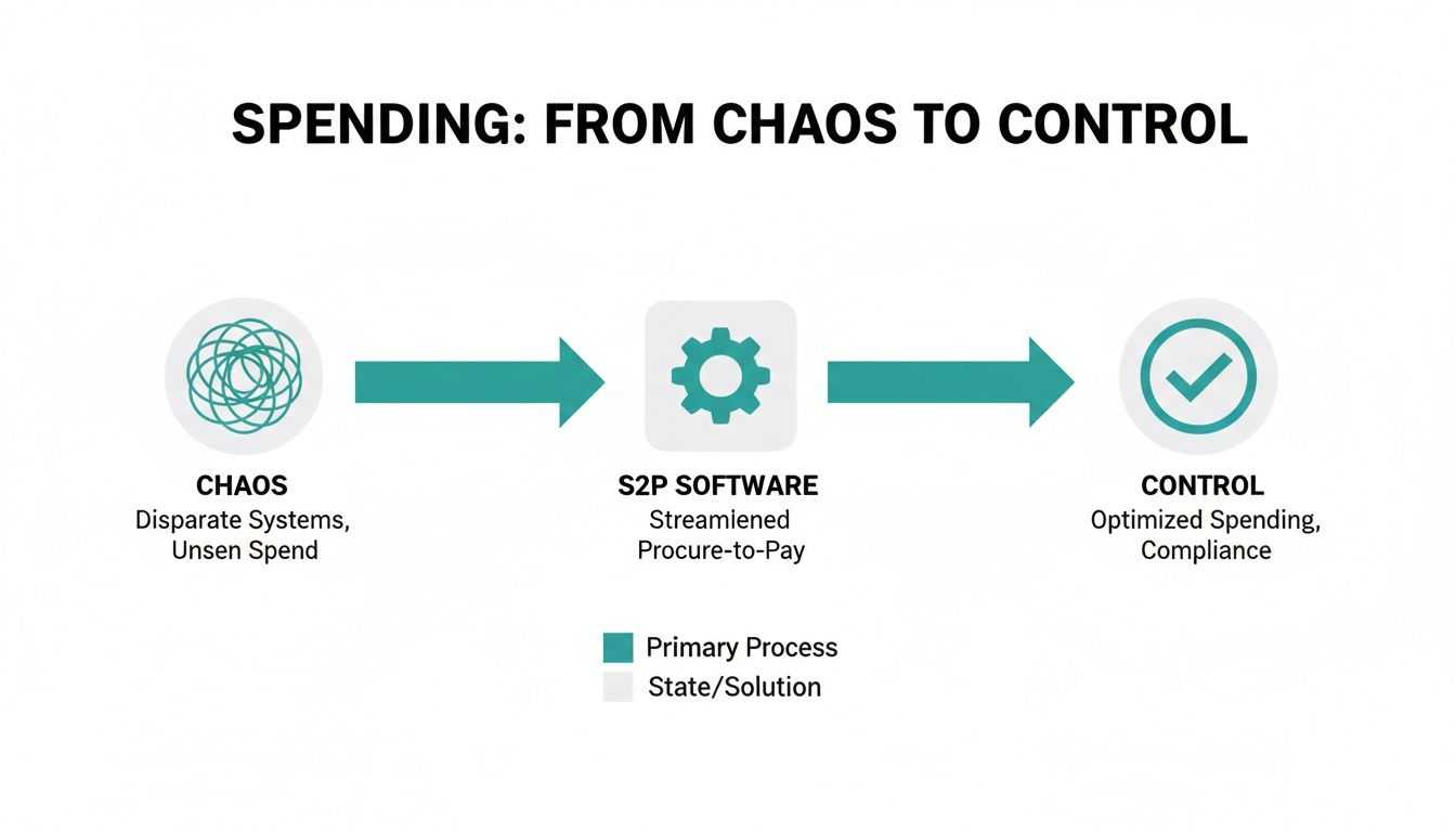 Infographic demonstrating the journey from chaotic spending with disparate systems to controlled spending via S2P software.