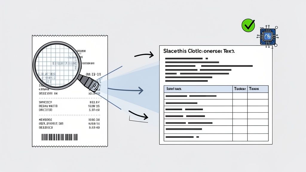 A magnifying glass analyzes a physical receipt, converting its data into a structured digital document with text and a table, signifying data extraction.