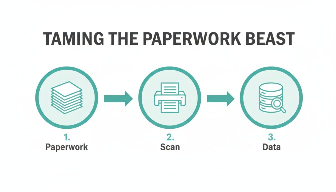 Infographic depicting a three-step process: paperwork to scanning to digital data storage.