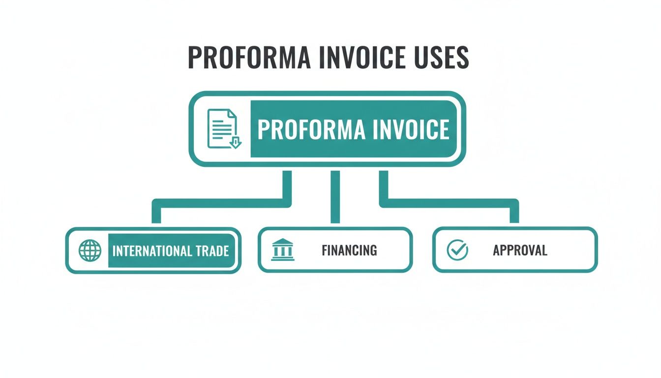 A flowchart showing the uses of a proforma invoice, including international trade, financing, and approval.