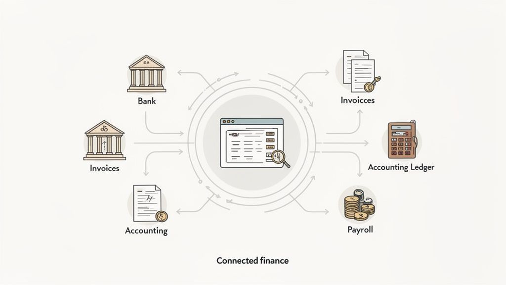 Diagram illustrating a connected finance system integrating bank, invoices, accounting, payroll, and ledger.