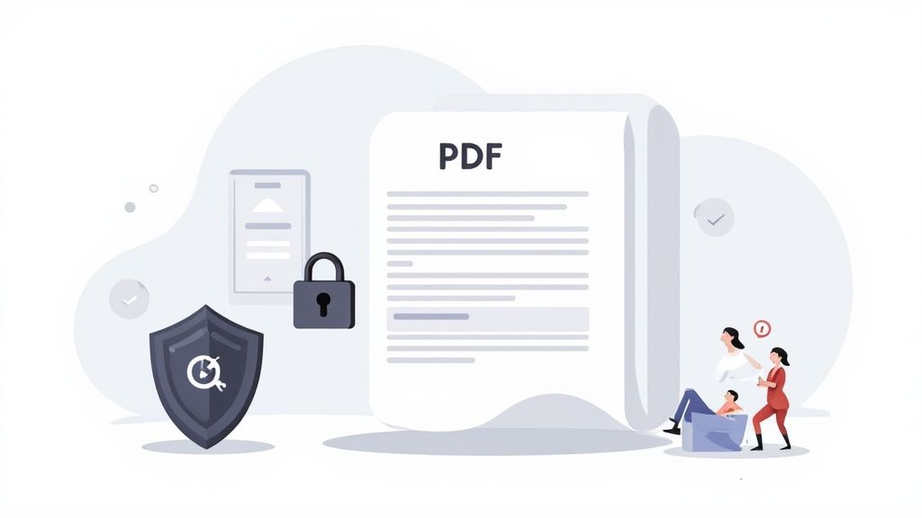 Illustration of a secure PDF document with a lock, shield, and people collaborating on digital content.