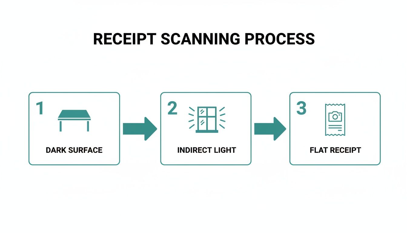 Diagram illustrating optimal receipt scanning process with steps: dark surface, indirect light, and flat receipt.
