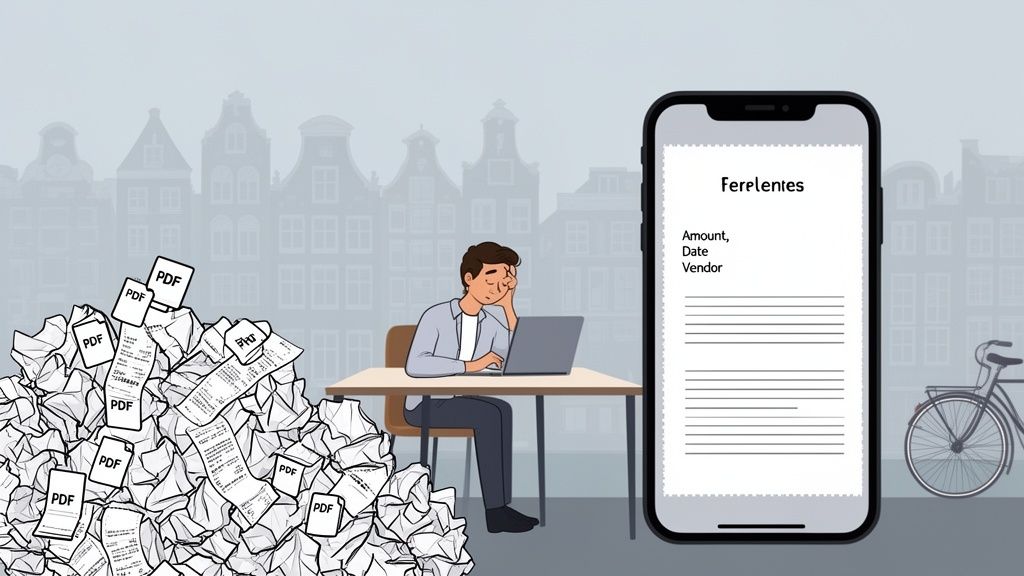 A person stressed by a mountain of paper receipts and PDFs, next to a smartphone displaying an organized digital form.