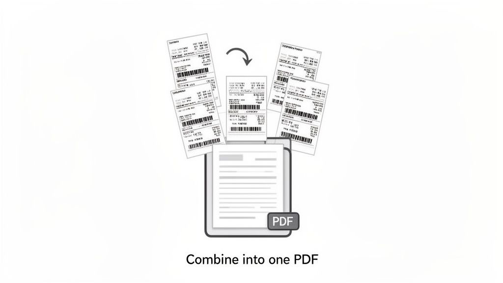 Multiple paper receipts are digitally combined and converted into a single PDF document.