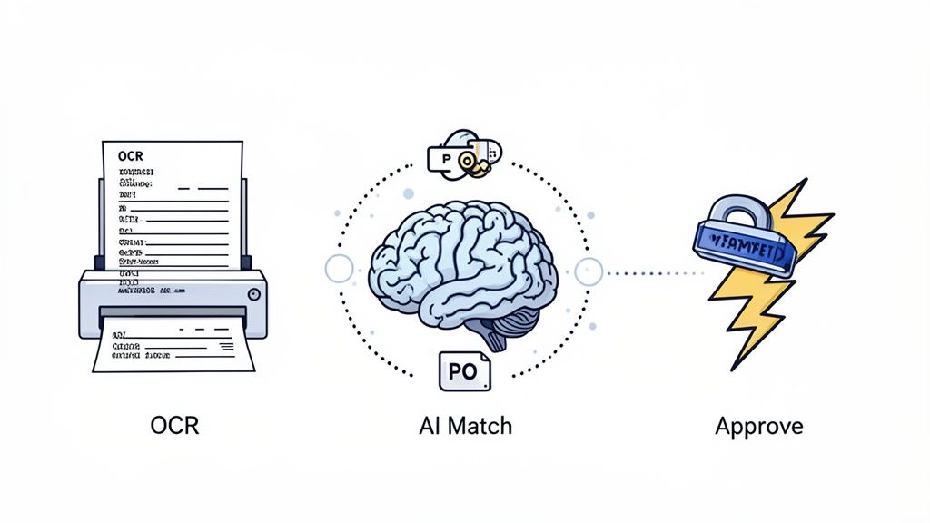 A visual diagram showing the automated accounts payable process from OCR scanning to AI matching and final approval.