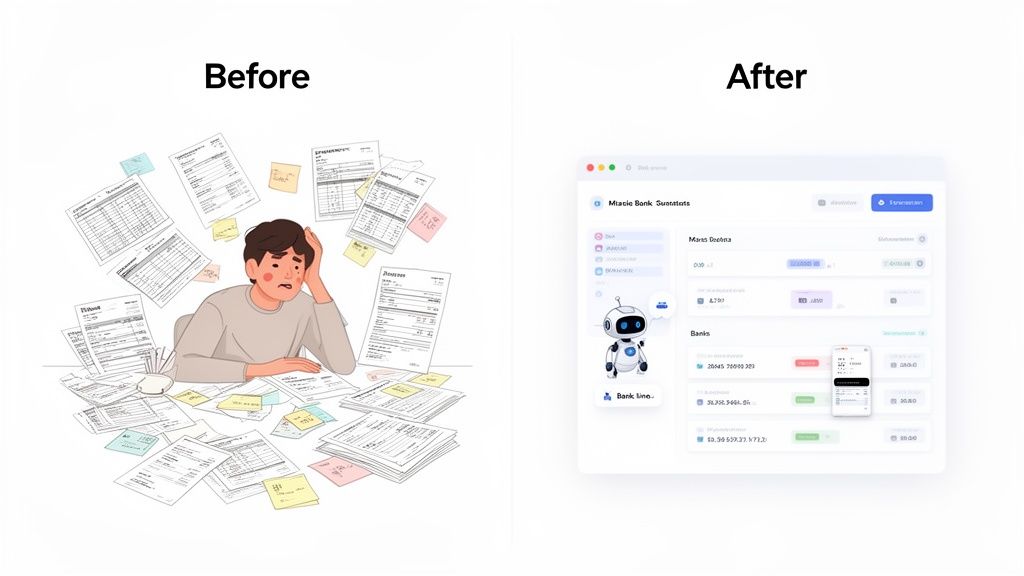 Before and after image showing manual financial chaos versus efficient automated invoicing software.