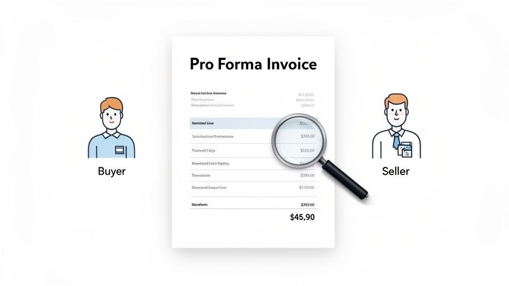A pro forma invoice document being reviewed with a magnifying glass between a buyer and seller.
