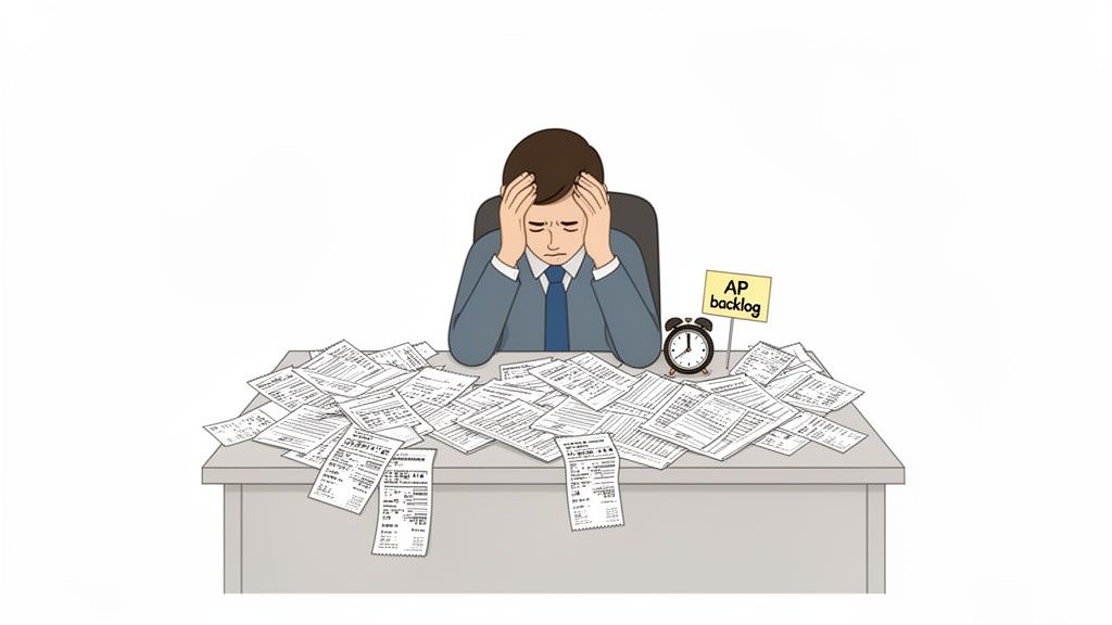 A stressed person overwhelmed by an AP backlog, with piles of paperwork and an alarm clock.