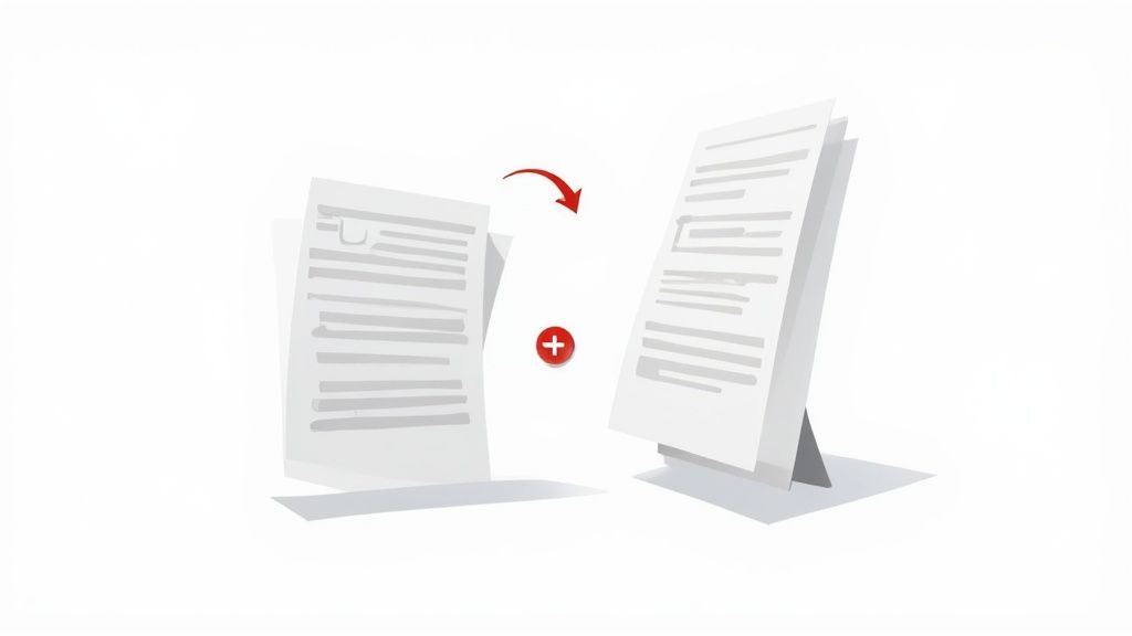 Two documents with red arrow showing file merging or combining process with plus icon