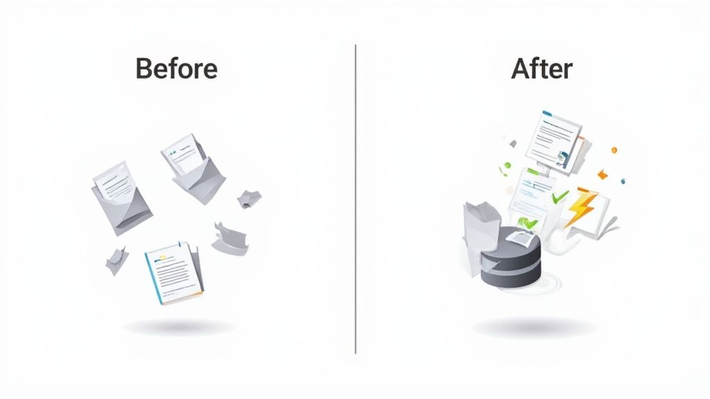 A collage of financial documents like invoices and bank statements being processed.