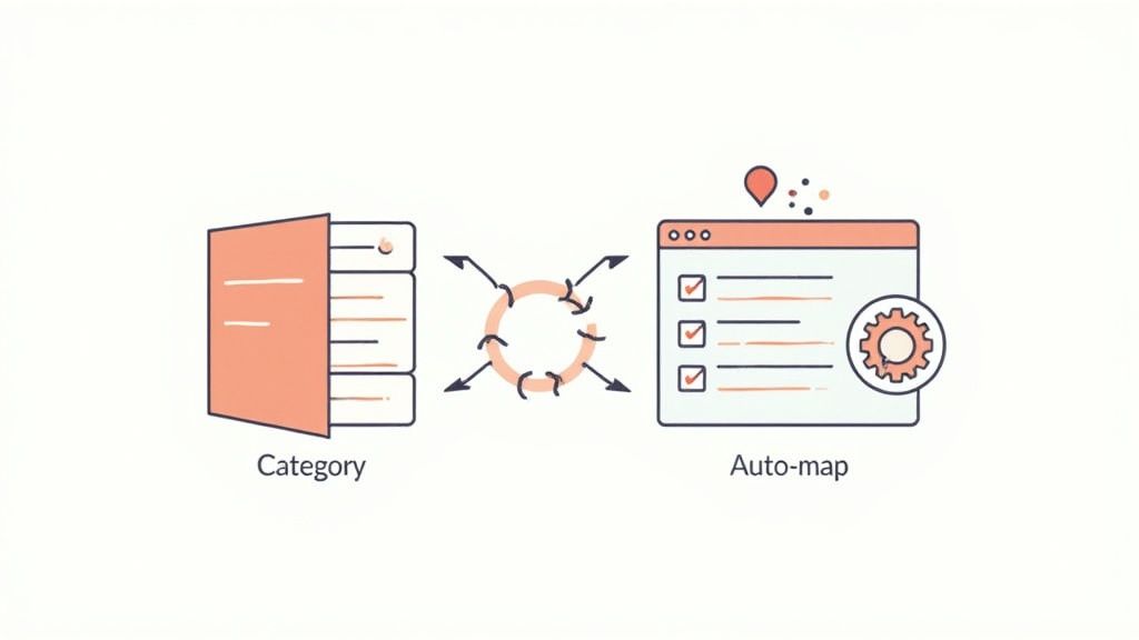Illustration showing data categories being processed and automatically mapped to a checklist interface with a gear icon.