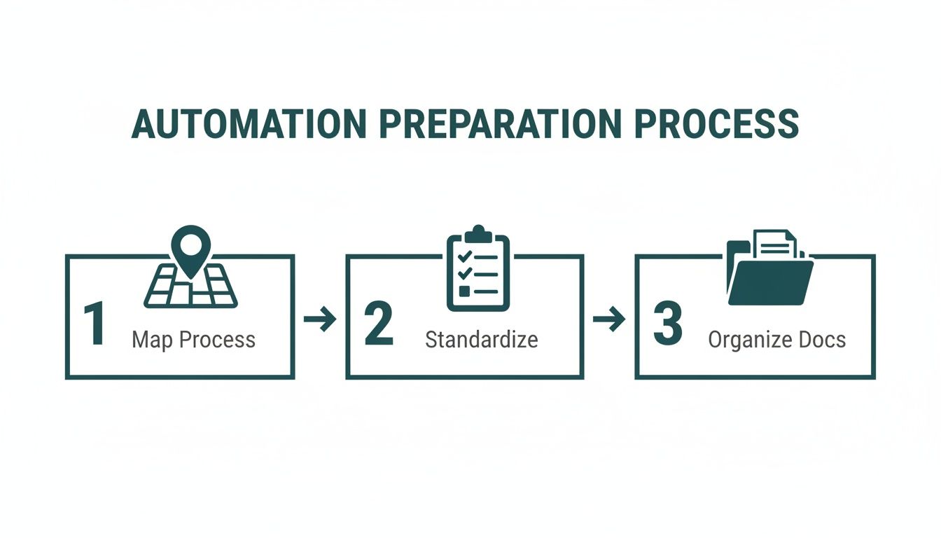 Visual diagram outlining the three key steps for automation preparation: map process, standardize, and organize documents.