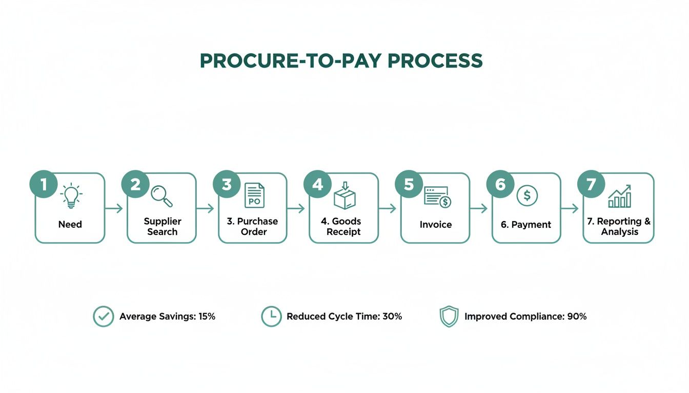 A seven-step procure-to-pay process flowchart from need to reporting, highlighting key benefits.