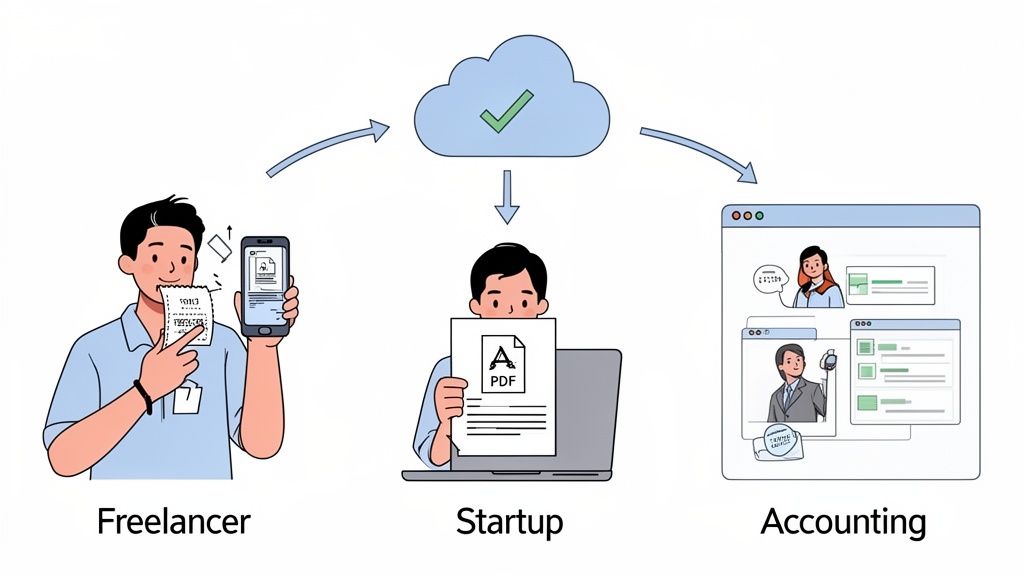 Illustration of a freelancer scanning a receipt to a cloud, a startup receiving a PDF, and accounting processing documents.