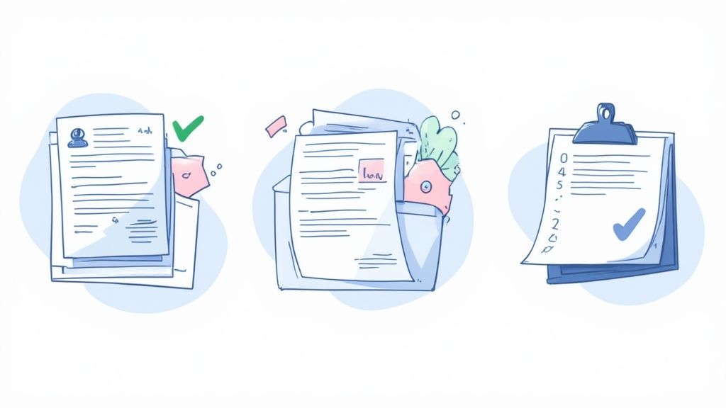 Three illustrations depicting document processing, paper organization, and a checklist with a completed task.