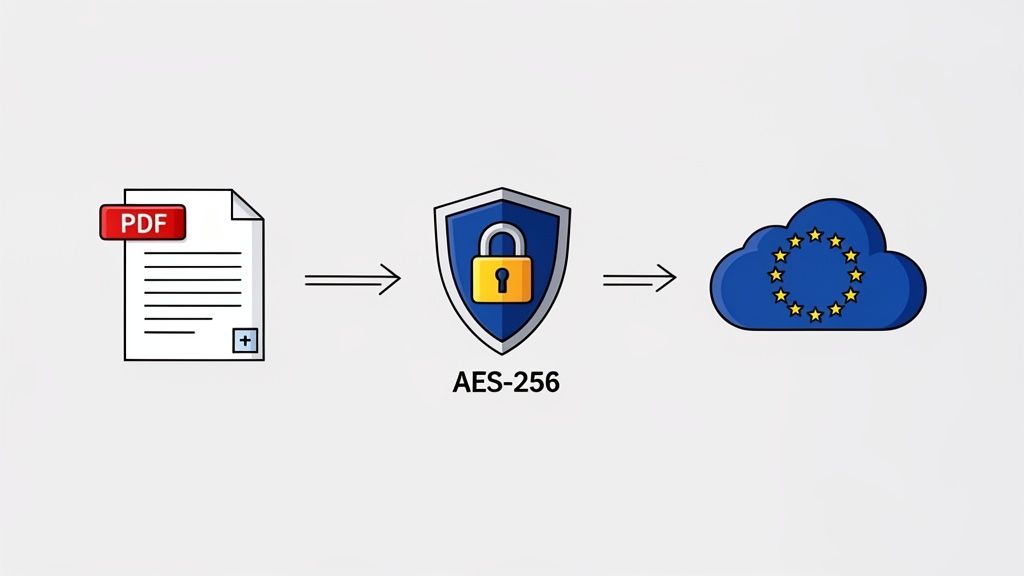 A PDF document undergoes AES-256 encryption before being securely transferred to an EU cloud.
