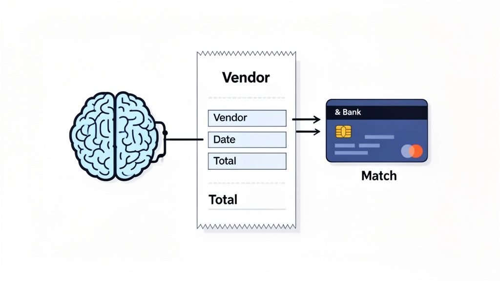 An illustration of a brain processing receipt data (vendor, date, total) to match with a bank transaction.