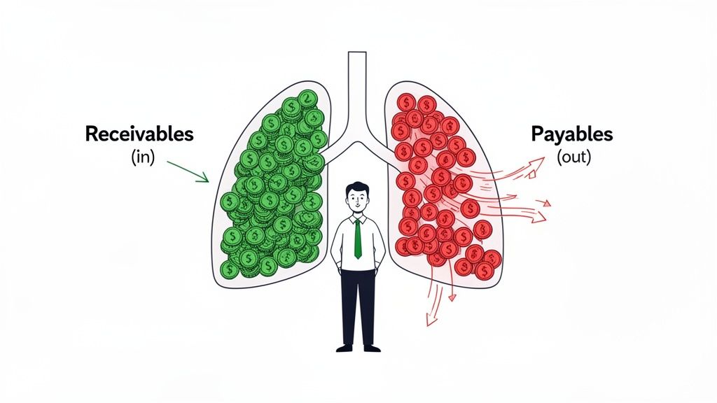 Illustration of business finance, showing lungs with green coins for receivables (in) and red for payables (out).