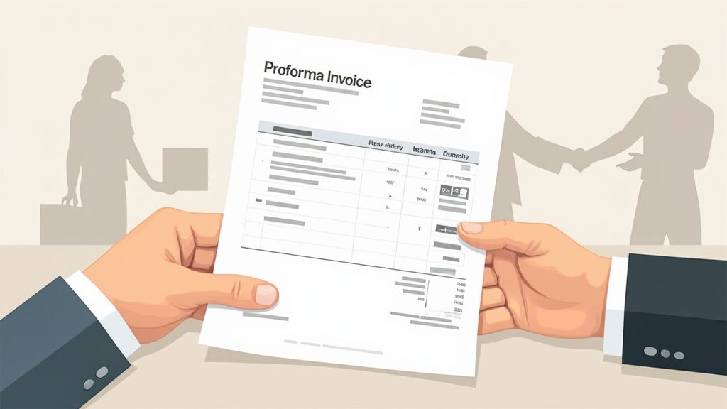 Close-up of hands exchanging a Proforma Invoice document in a business transaction setting.