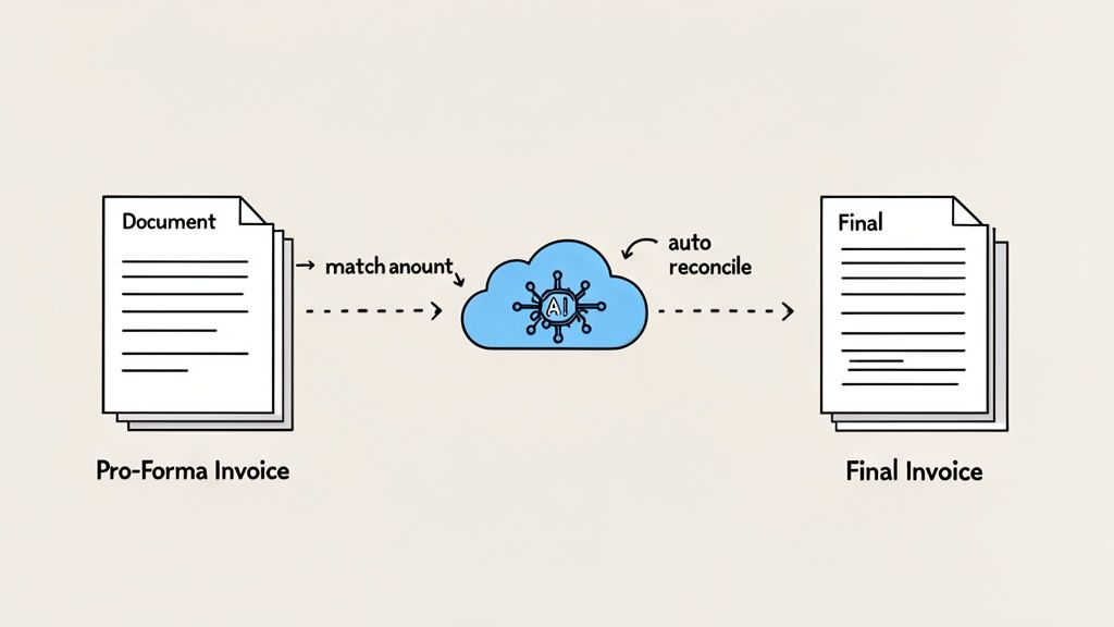 A diagram illustrates AI automating the process of matching pro-forma invoices to generate final invoices.