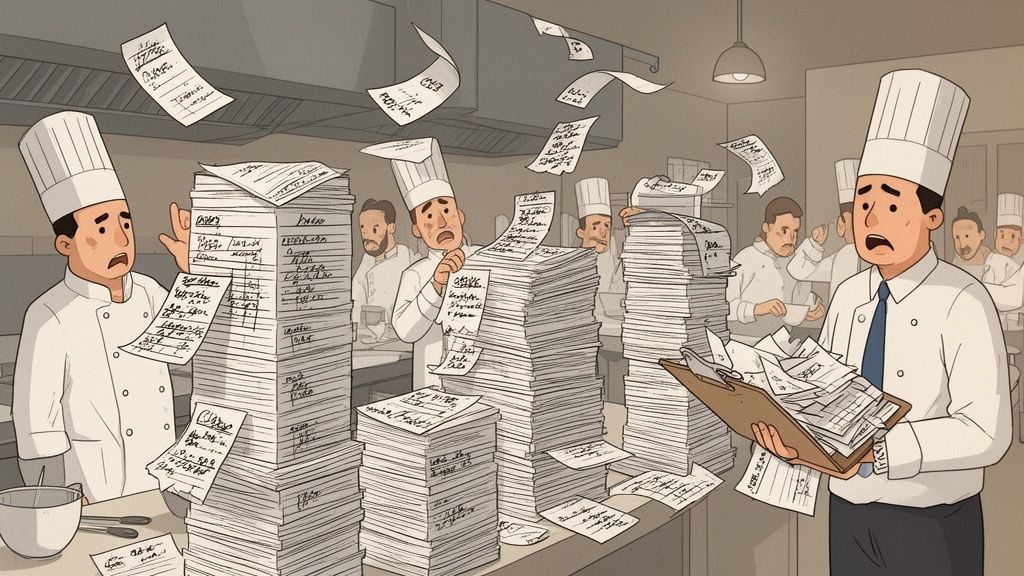 Stressed chefs in a busy kitchen are overwhelmed by massive stacks of paper invoices and flying receipts.