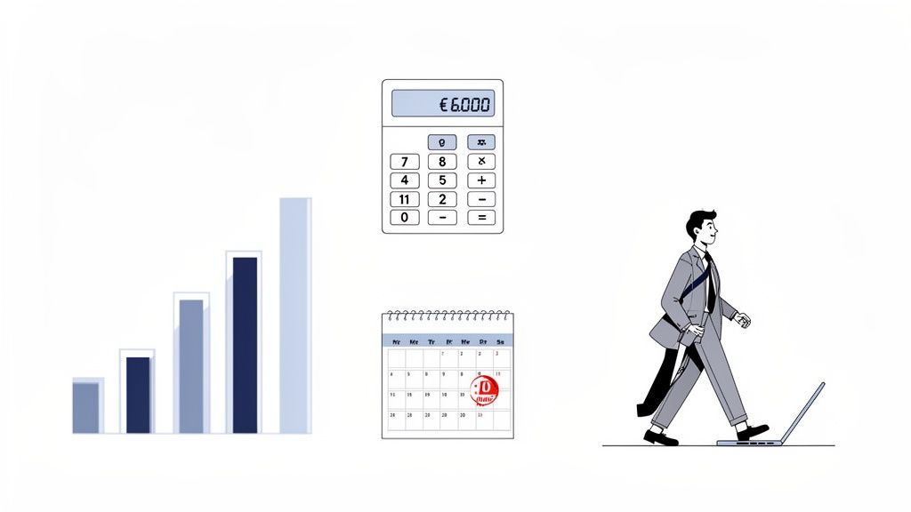 Illustration of business concepts: a growth chart, calculator, calendar, and a businessman walking on a laptop.