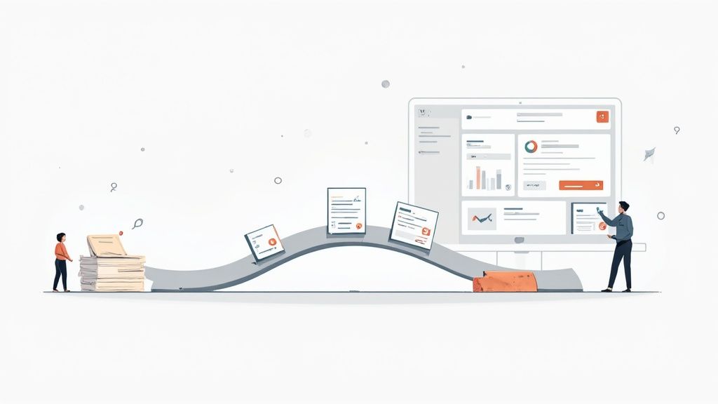 Illustration of paper documents being digitized and processed into a digital dashboard on a computer.