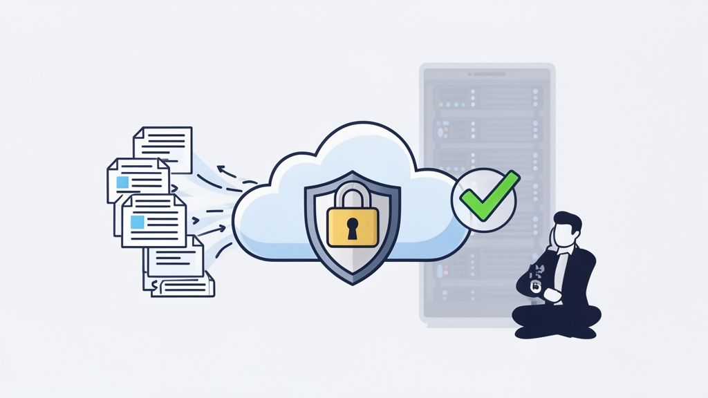 Documents transfer securely to a cloud server, with a person overseeing data protection.