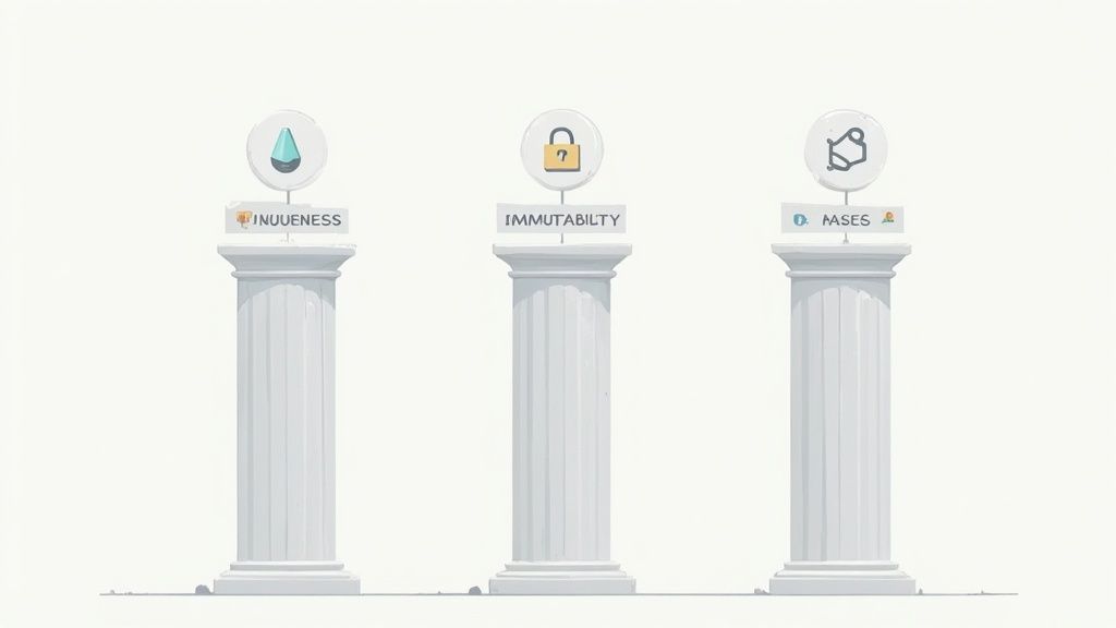 Three pillars standing strong, representing uniqueness, immutability, and hashing in key-value pair performance.