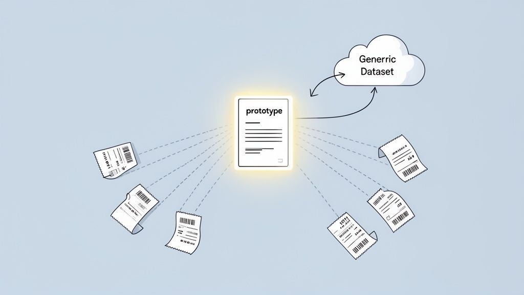 Illustration of a 'prototype' document interacting with multiple receipts and a 'Generic Dataset' cloud.