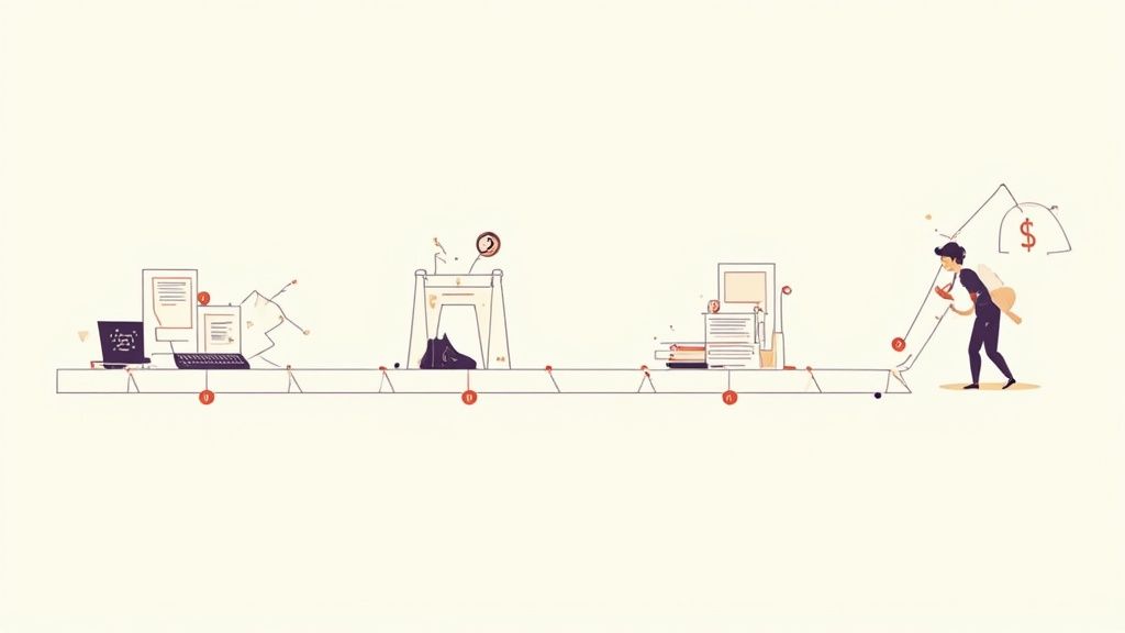 An illustration of a business process with computers, documents, and a person carrying a dollar sign representing a financial workflow.