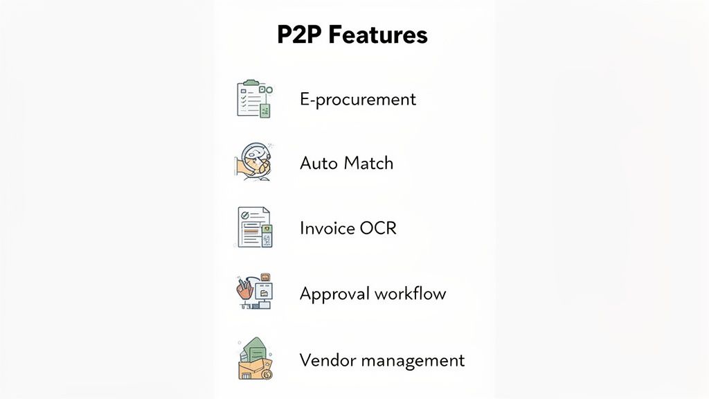 A list of P2P features with icons: e-procurement, auto match, invoice OCR, approval workflow, and vendor management.