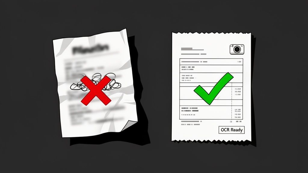 Optimal document scanning practices: a blurry, crumpled document versus a clear, OCR-ready one.