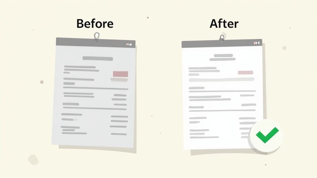 Illustration of document processing, before with an error, and after with a successful correction.