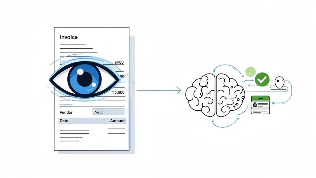 An eye scans an invoice, feeding data to a brain that processes and validates information into digital records.