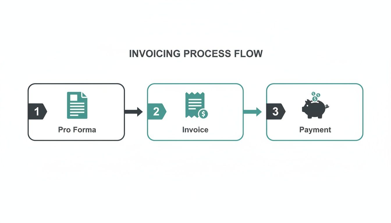 A three-step invoicing process flow diagram showing Pro Forma, Invoice, and Payment.