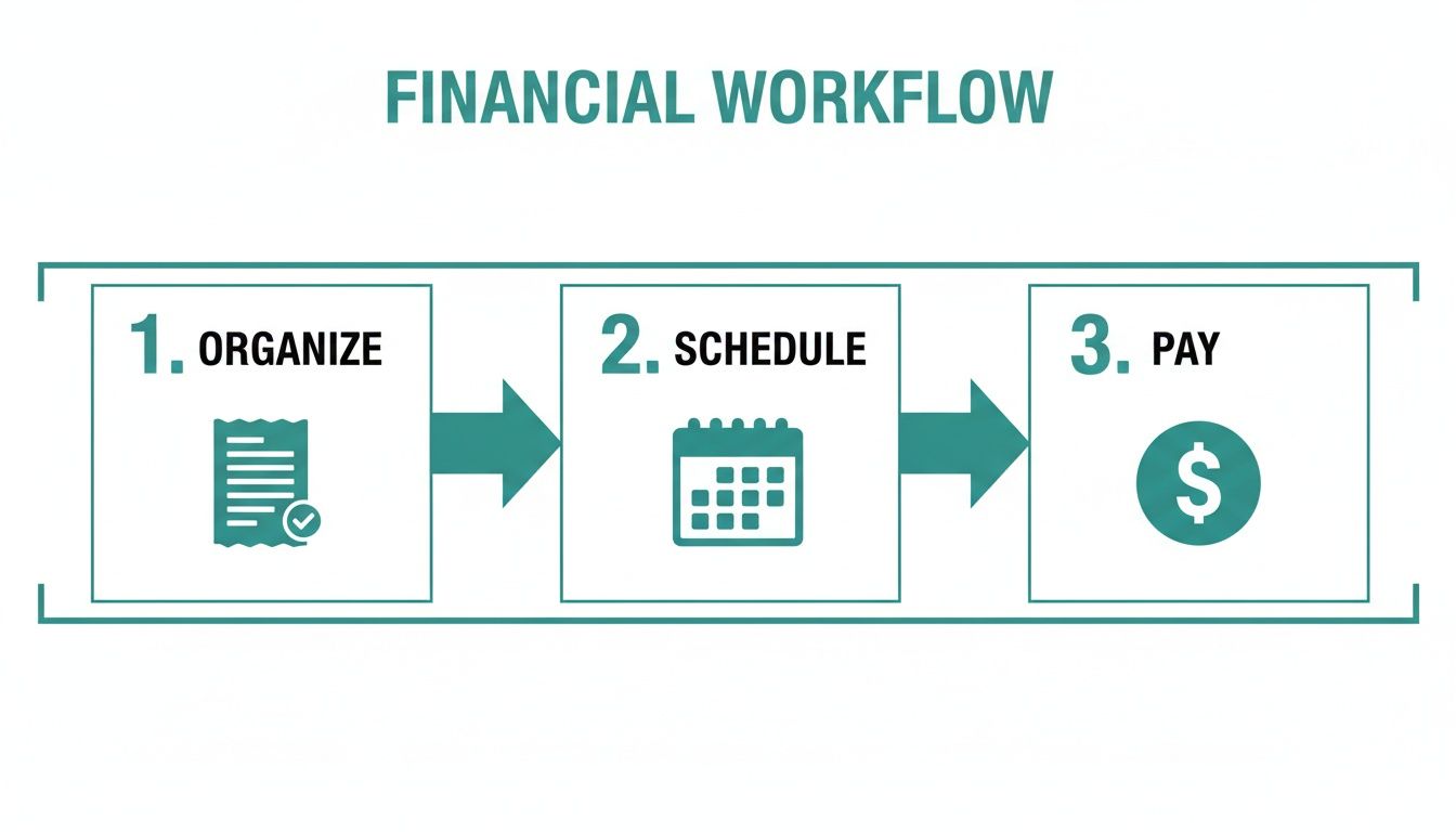 A financial workflow diagram with three steps: 1. Organize, 2. Schedule, and 3. Pay.