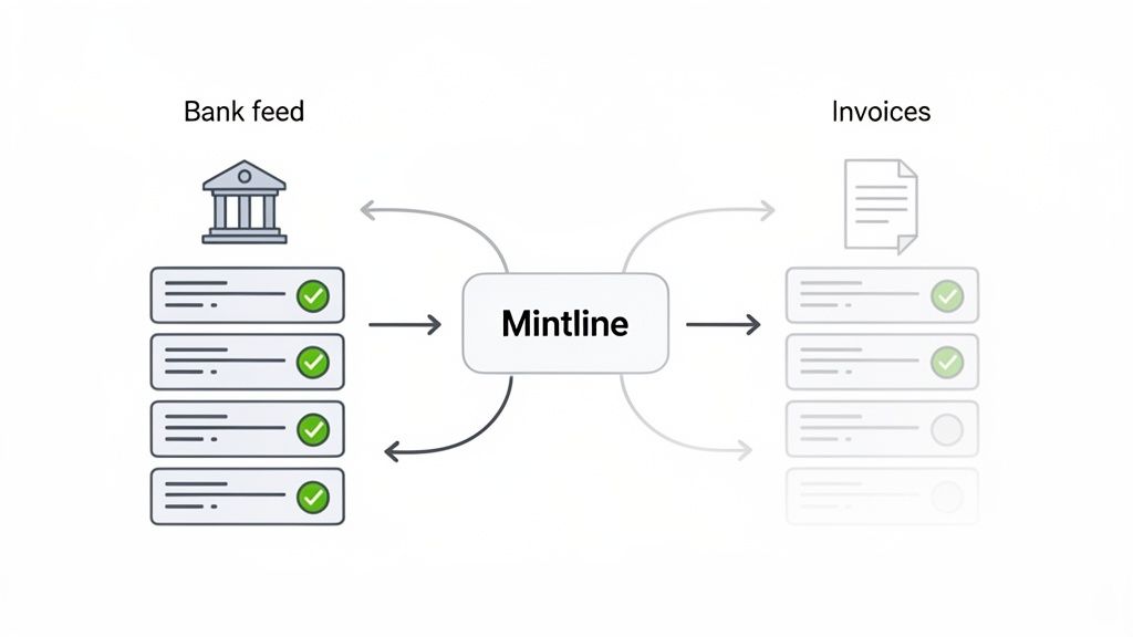 Workflow diagram illustrating Mintline software processing bank feeds and invoices, showing reconciled and pending items.
