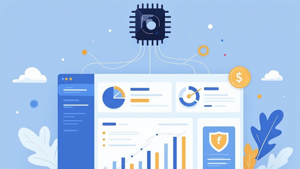 Digital dashboard displaying financial analytics, charts, and security features connected to central processor chip