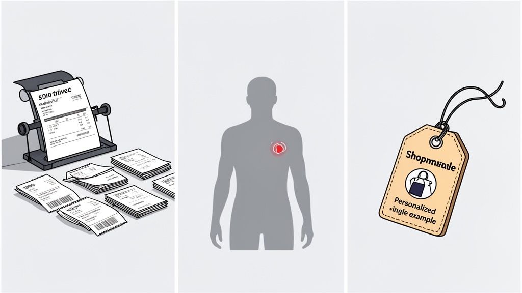 Illustration of a human silhouette with a glowing heart, a personalized shopping tag, and various receipts.