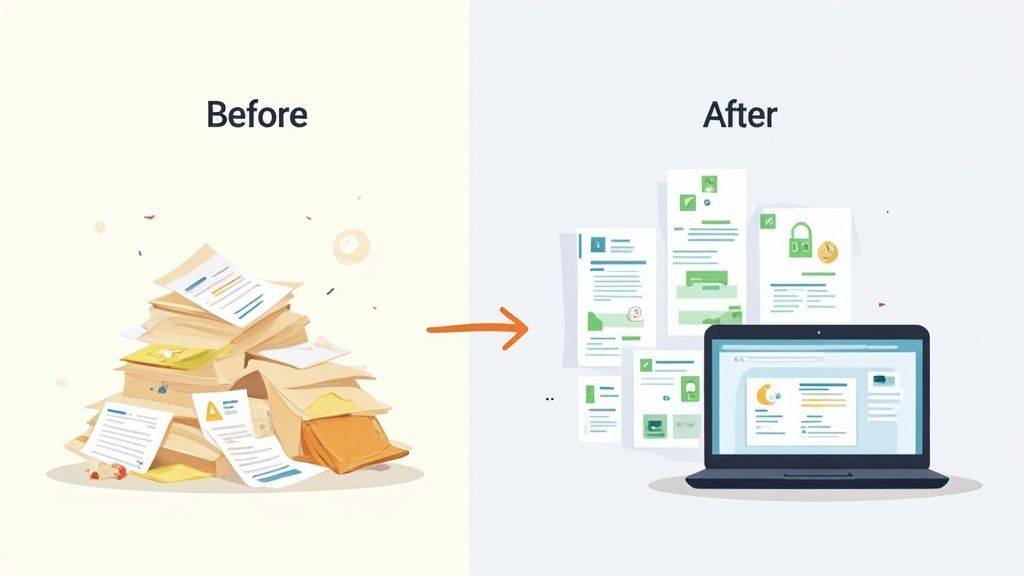 Illustration depicting a transition from messy physical documents to organized digital files on a laptop screen.