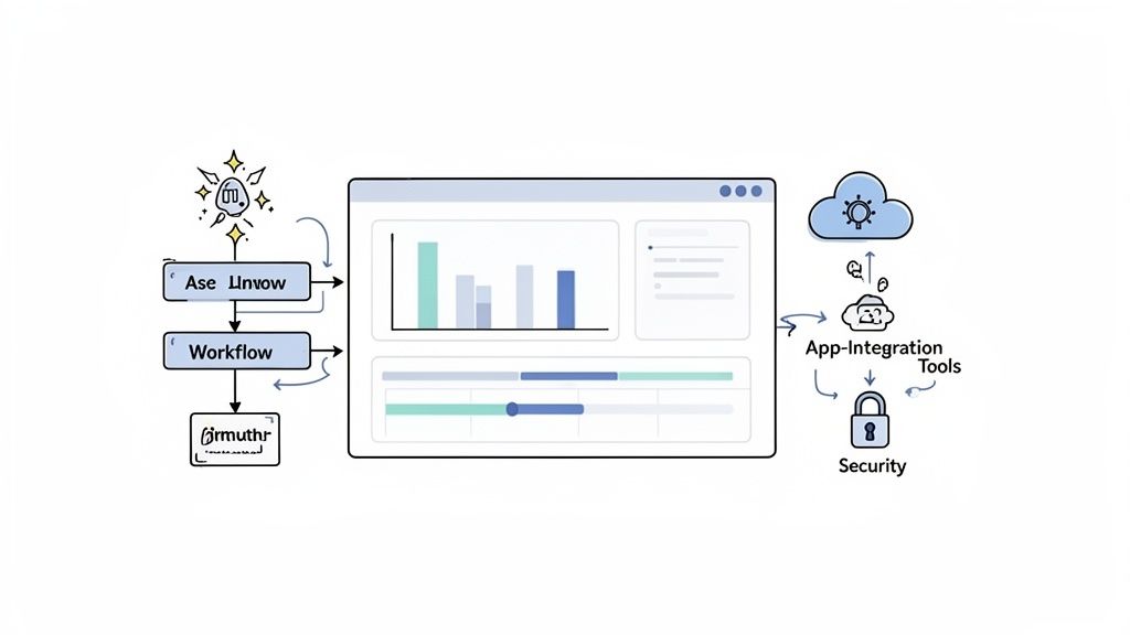 Diagram illustrating a workflow with automation, data visualization, cloud integration, and security tools.