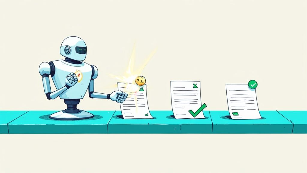 A white robot automates document processing on a blue conveyor belt, showing review and approval.