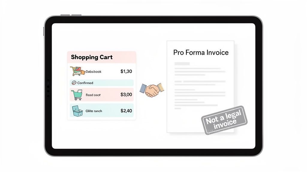A tablet screen displays a shopping cart transitioning to a pro forma invoice, marked as not a legal document.